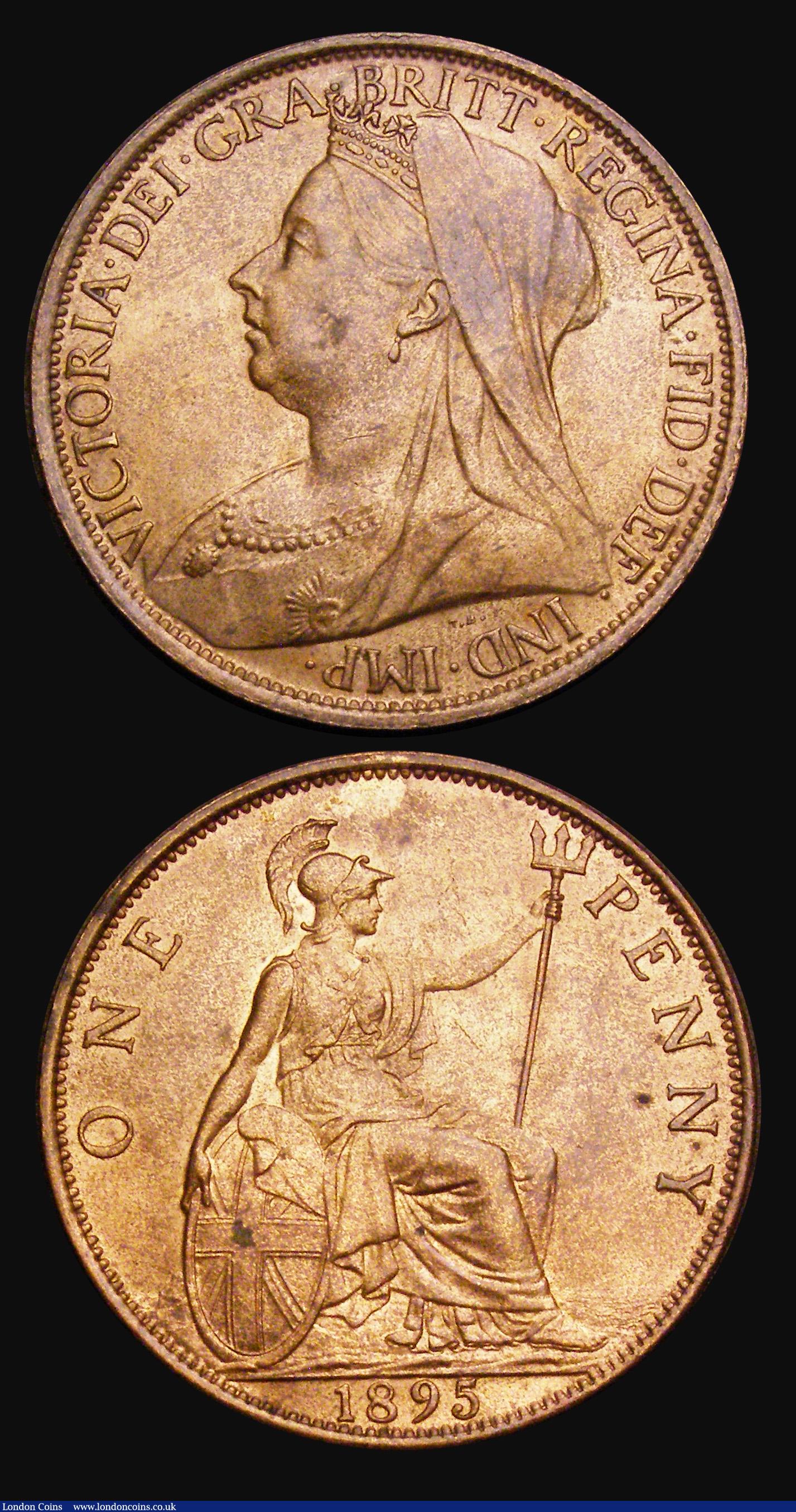 London Coins : A194 : Lot 1476 : Penny 1895 Freeman 141 dies 1+B UNC with around 80% lustre, along with 1895 2mm variety Freeman 139 ...