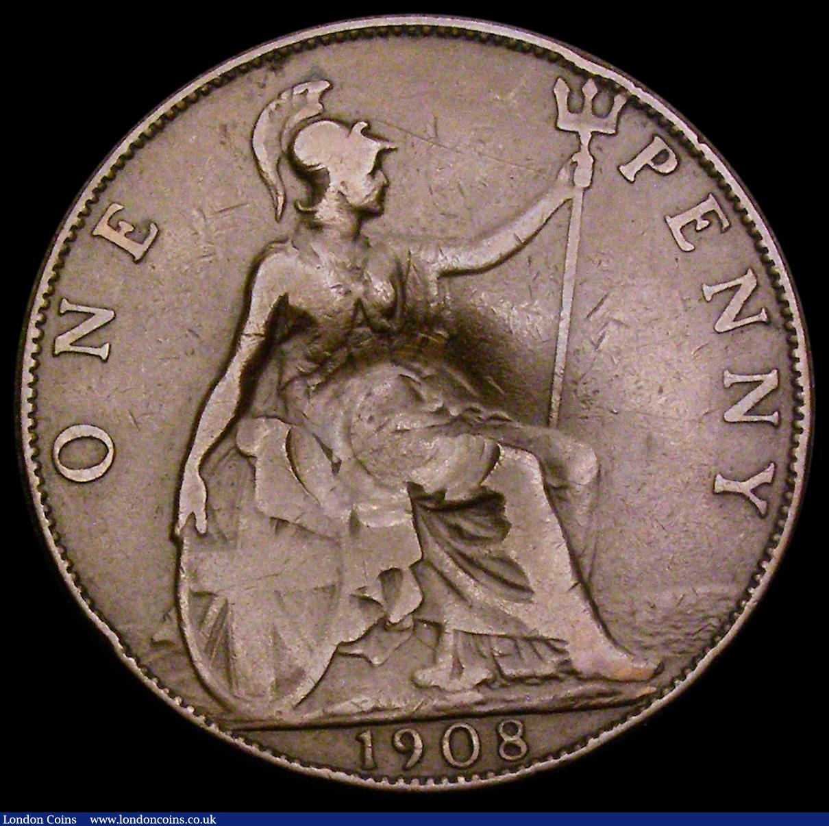 London Coins : A194 : Lot 1483 : Penny 1908 Freeman 164A dies 1*+C, Obverse: I of BRITT points to a rim tooth, Reverse: E of PENNY ti...