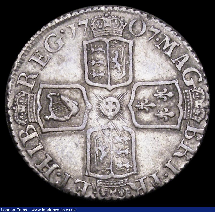 London Coins : A194 : Lot 1593 : Sixpence 1707 Plain reverse ESC 1587, Bull 1453 approaching VF with an even tone and light adjustmen...