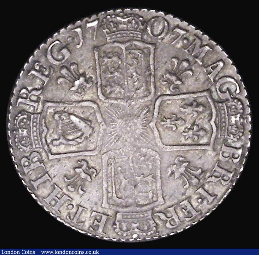 London Coins : A194 : Lot 1594 : Sixpence 1707 Plumes ESC 1590, Bull 1455 EF/NEF with the odd fleck of haymarking a very high grade e...