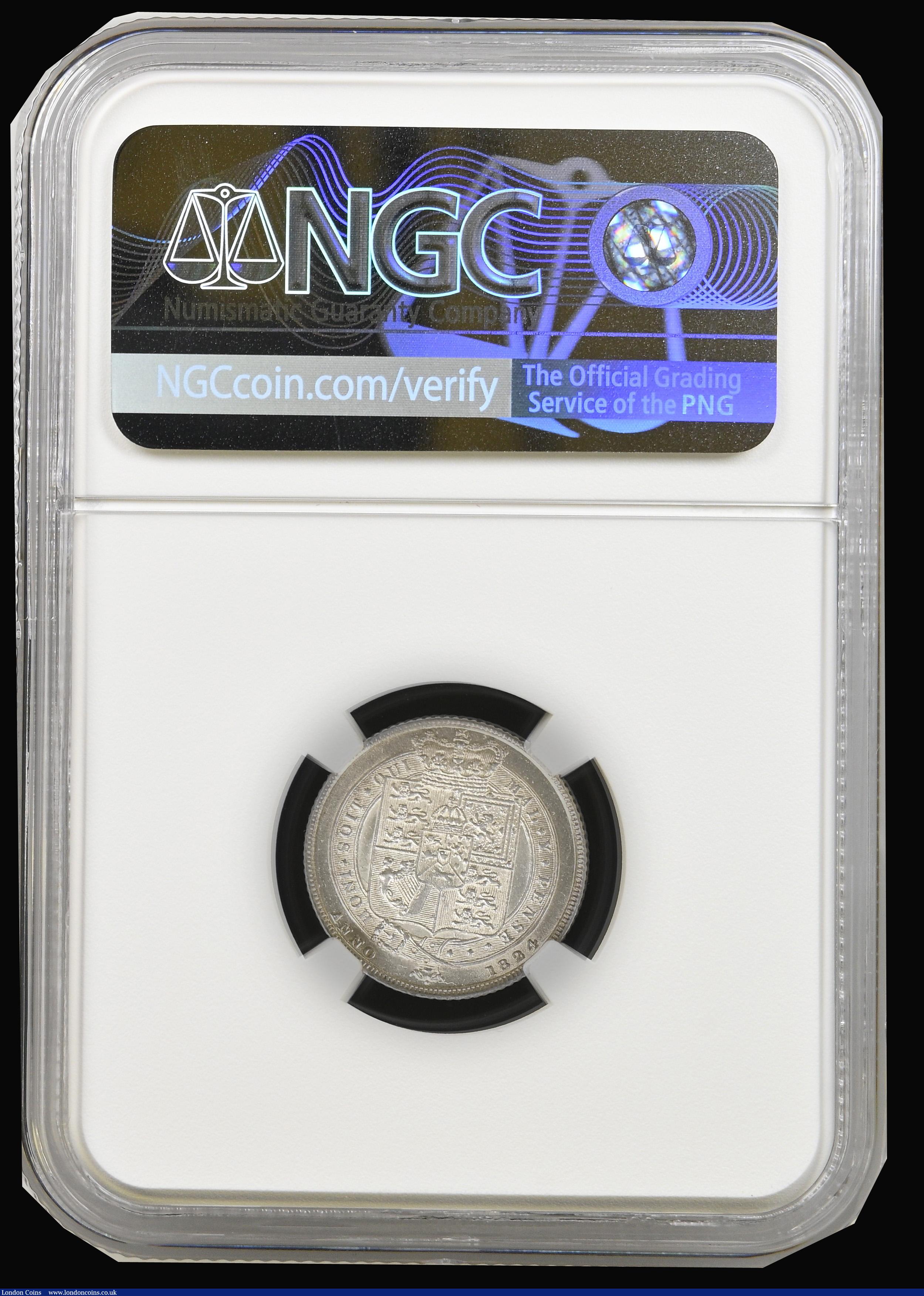 London Coins : A194 : Lot 1603 : Sixpence 1824 ESC 1657, Bull 2425 Brilliant UNC and graded MS64 by NGC