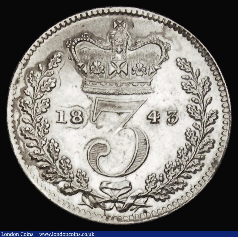 London Coins : A194 : Lot 1735 : Threepence 1843 as ESC 2053, Bull 3369 with 3 over lower 3 in date, Bright GEF with a striking fault...
