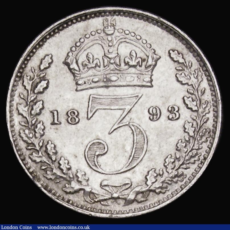 London Coins : A194 : Lot 1748 : Threepence 1893 Jubilee Head ESC 2103 EF with one small rim nick and rare in this high grade