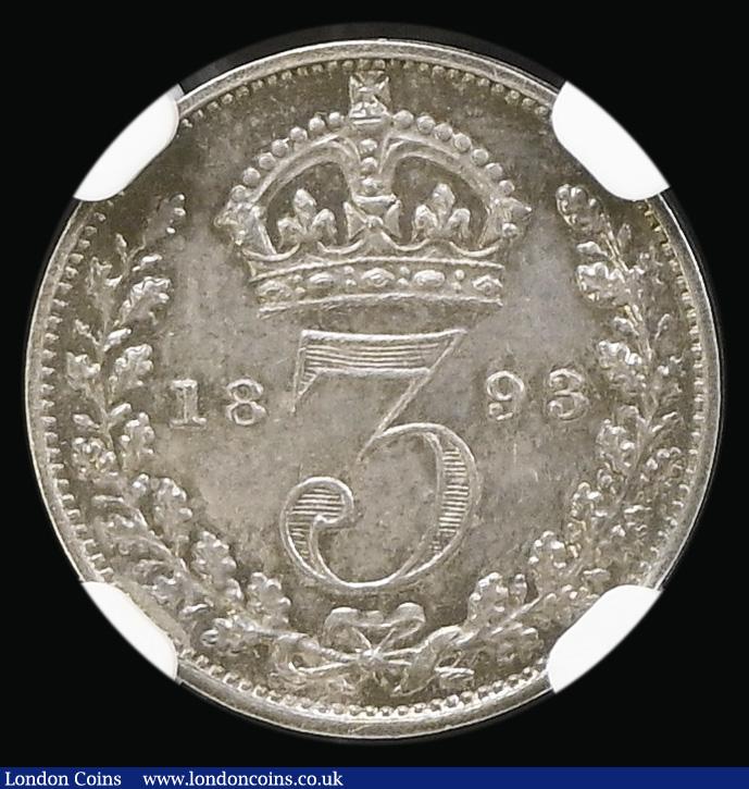 London Coins : A194 : Lot 1749 : Threepence 1893 Old Head Proof Bull 3445 NGC PF64