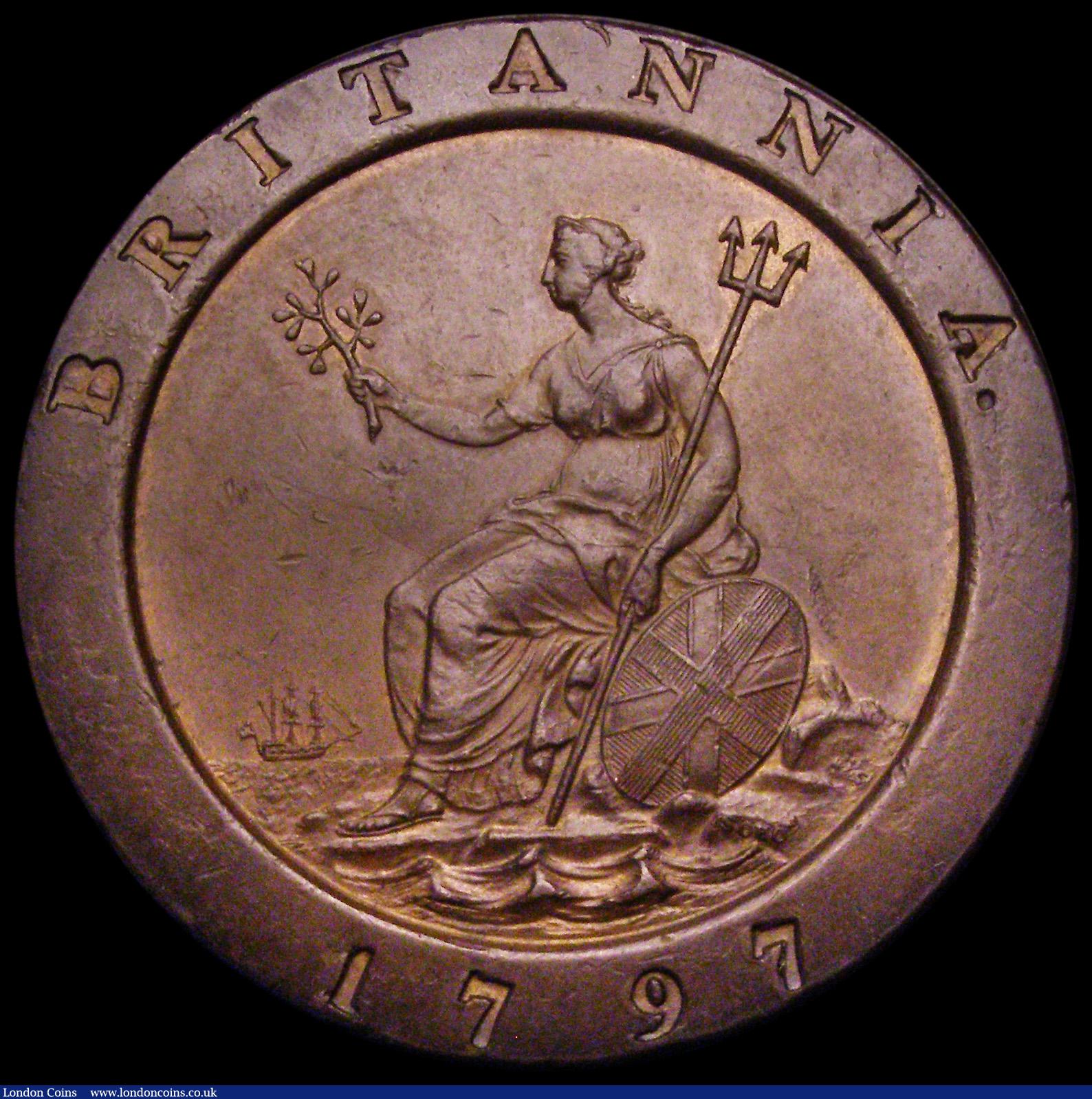 London Coins : A194 : Lot 1771 : Twopence 1797 Peck 1077 NEF/GVF the edge largely excellent with only very minor abrasions.