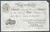 London Coins : A122 : Lot 152 : Five pounds Nairne white B208b dated 23 July 1915 serial 41/D 80167, Pick304, almost VF
