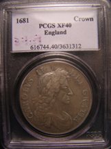 London Coins : A124 : Lot 2279 : Crown 1681 S3359 PCGS XF 40 (approaching VF)