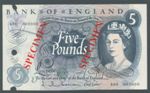 London Coins : A125 : Lot 224 : Five pounds Hollom B297s SPECIMEN serial A00 000000, 3 punch-holes at left, EF