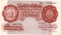 London Coins : A126 : Lot 191 : Ten shillings Peppiatt B256 unthreaded post-war issue 1948 prefix 26L, about UNC