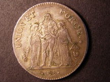 London Coins : A126 : Lot 485 : France Five Francs L'An 6 A Paris Mint Le Franc 300/8 GVF