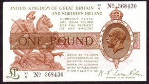 London Coins : A128 : Lot 102 : Treasury £1 Warren Fisher T34 prefix X1/6 Unc or near so