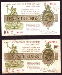 London Coins : A128 : Lot 108 : Treasury 10 shillings Warren Fisher (2) T30 prefixes M11 & R16, pinhole and some wear, F...