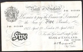 London Coins : A128 : Lot 172 : Five Pounds Peppiatt white J05 013169 dated April 28 1945 VF