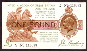 London Coins : A128 : Lot 87 : Treasury £1 Bradbury T16 prefix C/16 issued 1917, some dirt reverse, VF+