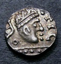 London Coins : A133 : Lot 109 : Anglo-Saxon Primary Ar Sceat.  C, 680-710.  Series A.  Obv; Radiate bust r, TIC before. ...