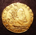 London Coins : A133 : Lot 1403 : Italy Milan Gold Doppia 1589 Philip II Friedberg 716 GVF/NEF boldly struck with a flan flaw on the r...