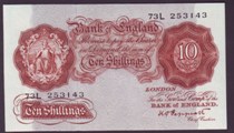 London Coins : A133 : Lot 2638 : Ten Shillings Peppiatt. B262. 73L 253143. First series. Scarce. EF.