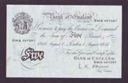 London Coins : A133 : Lot 2732 : Five Pounds White O'Brien. B276. 1st August 1956. D56A 067287. EF.