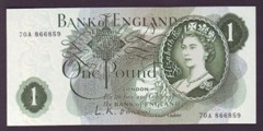 London Coins : A133 : Lot 2752 : One Pound O'Brien. B282. 70A 866859. First series. UNC.