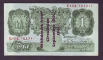 London Coins : A133 : Lot 3216 : One Pound Peppiatt. B239A. Guernsey overprint. E15A 761311. VF.
