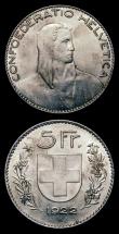 London Coins : A151 : Lot 1189 : Switzerland 5 Francs (2) 1922B KM#37 EF and lustrous with some contact marks, 1925B KM#38 NEF with a...