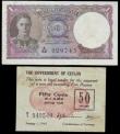 London Coins : A151 : Lot 208 : Ceylon (2) 1 rupee KGVI dated 1943 Pick34 and 50 cents 1942 issue Pick41, stains, about VF