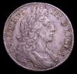 London Coins : A153 : Lot 2927 : Halfcrown 1696 First Bust, Large Shields Early Harp, OCTAVO edge ESC 522 About VF with some haymarki...