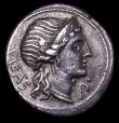 London Coins : A157 : Lot 1776 : M. Herennius.  Ar denarius.  C, 108-107 BC.  Obv; Head of Pietas right, wearing stephane; PIETAS dow...