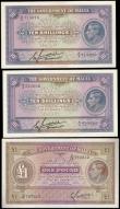 London Coins : A159 : Lot 1795 : Malta (3) 10 Shillings (2) issued 1940 series A/3 715070 & A/3 525662 & 1 Pound issued 1940 ...