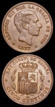 London Coins : A159 : Lot 2155 : Spain 5 Centimos (2) 1877OM KM#674 UNC or very near so with traces of lustre, 1878OM KM#674 UNC tone...