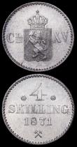 London Coins : A160 : Lot 1198 : Norway (3) 4 Skilling 1871 KM#337 UNC, 3 Skilling 1869 KM#330.2 UNC and lustrous with an area of lig...