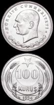 London Coins : A160 : Lot 1265 : Turkey (2) 100 Kurush 1934 KM#860.1 A/UNC with  small rim nicks, 40 Para AH1277/4 KM#702 UNC with tr...