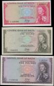 London Coins : A162 : Lot 301 : Malta Central Bank (3), 5 Pounds issued 1968 (Law of 1967) series A/2 295544, (Pick30a), good VF, 1 ...