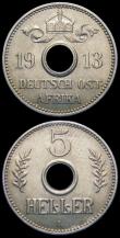 London Coins : A166 : Lot 2751 : German East Africa 5 Heller (2) 1913A KM#13 GEF, 1914J KM#13 A/UNC both with light golden toning