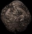 London Coins : A168 : Lot 1088 : Halfcrown Charles I Exeter Mint, the shield with five short and two long scrolls, Walking horse, Kin...