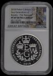 London Coins : A169 : Lot 1441 : Five Pound Crown 2018 Four Generations of the Royal Family Silver Proof Piedfort S.L70 in an NGC hol...