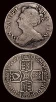 London Coins : A171 : Lot 1613 : Shilling 1707E Third Bust, Wide shield  ESC 1143, Bull 1426 VG, Sixpence 1728 Plumes ESC 1605, Bull ...