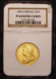 London Coins : A172 : Lot 1388 : Sovereign 1893 Proof S.3874 Choice FDC in a NGC holder and graded PR64 ULTRA CAMEO rare and desirabl...