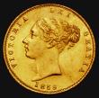 London Coins : A177 : Lot 1622 : Half Sovereign 1859 Marsh 433 GEF or better and prooflike 8 over smaller 8 and a die flaw obverse fi...