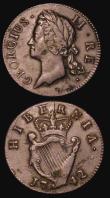 London Coins : A177 : Lot 979 : Ireland (2) Halfpenny 1742 S.6606 Good Fine with some verdigris spots, Farthing 1760 S.6611 Fine or ...