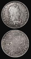 London Coins : A179 : Lot 1499 : Crowns (2) 1662 Rose below bust, edge undated, ESC 15, Bull 339 Fine with JB 1796 engraved in the ob...