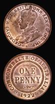 London Coins : A181 : Lot 915 : Australia (2) Penny 1922 KM#23 VF/GVF, Halfpenny 1911 KM#22 EF the obverse with traces of lustre, th...