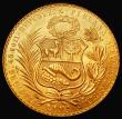 London Coins : A182 : Lot 1289 : Peru 100 Soles Gold 1965 KM#231 Lustrous UNC, at 46.72 grammes of 0.900 gold, an impressive large go...