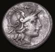 London Coins : A183 : Lot 1312 : Roman Denarius Pinarius Natta (155BC) Obverse: Roma right, with X (mark of value) behind, Reverse: V...