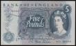 London Coins : A186 : Lot 152 : Five Pounds Fforde QE2 portrait & seated child Britannia B313 Replacement issue 1967 serial numb...