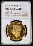 London Coins : A188 : Lot 1253 : Five Pounds 1937 Gold Proof S.4074, Marsh F40, in an NGC holder and graded PF63 Ultra Cameo, the onl...