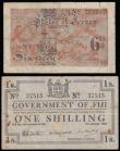 London Coins : A188 : Lot 155 : Fiji 1 Shilling 1 Jan 1942 black on white uniface this Fine along with Jersey 6d ND (1941-42) orange...