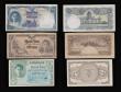 London Coins : A188 : Lot 252 : Thailand 1 Baht (5) 1942 brown Pick 44c VF one pinhole, 1945 blue (3) Pick 54 these F-GVF,1946 green...