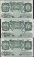 London Coins : A188 : Lot 61 : One Pound O'Brien B273 (3) issued 1955, a consecutively numbered run O53J 111897-899 Unc