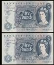 London Coins : A189 : Lot 104 : Five Pounds Fforde QE2 portrait & seated child Britannia B315 Replacement issue 1967 (2 near con...